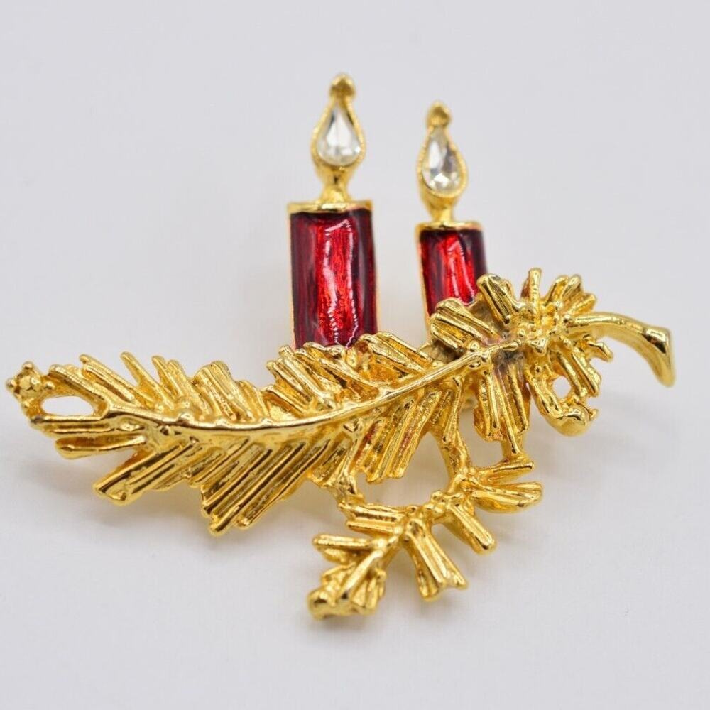 Vintage Christmas Candle Pin Brooch Crystal Gold Red Enamel Holiday 1980s BinAC